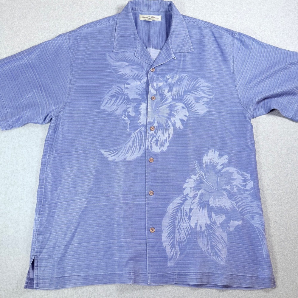 Tommy Bahama Mens Silk Button Down Shirt Blue Hibiscus‎ Floral Print Size L